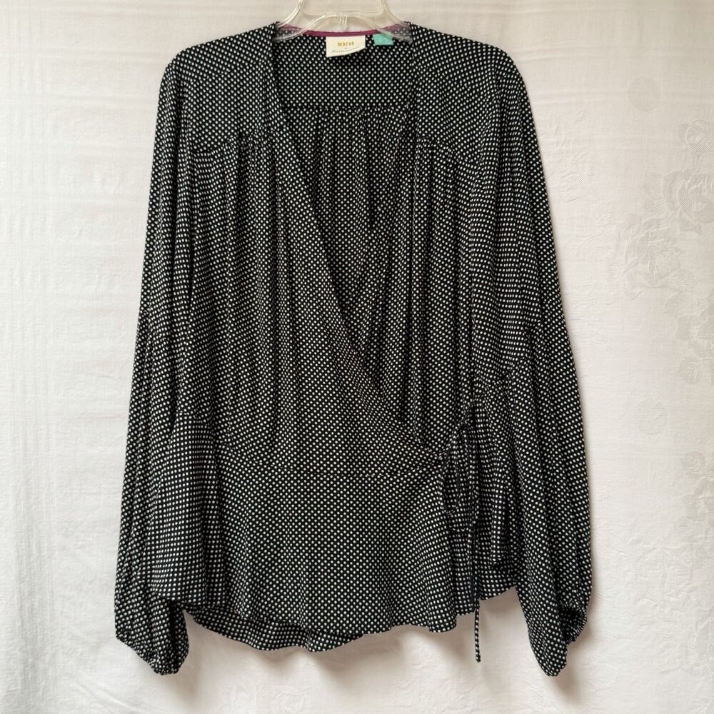 Anthropologie Womens Maeve Wrap Blouse Top Womens 18 W Black White Polka Dot
